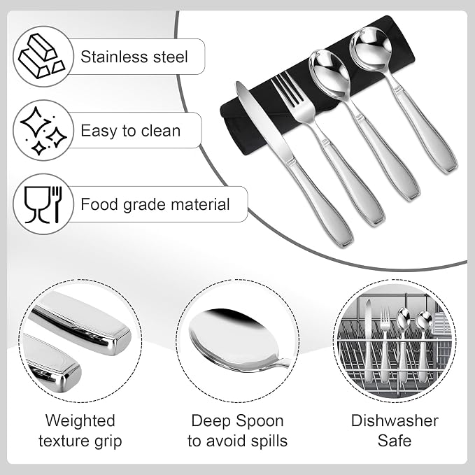 Weighted Utensils for Hand Tremors and Parkinson's Patients - 4 Piece Set of Heavy Stainless Steel Silverware for Elderly, Arthritis, Weak Hand Grip - Includes Knife,Fork,Spoons with Travel Bag,7 Oz