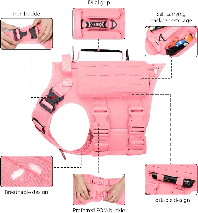 AIWAI Tactical Dog Harness with Handle for Large Dogs,2X Metal Buckle, Dog MOLLE Vest with Pockets,No Pull Adjustable Pet Harness, Easy Control Dog Vest Harness for Working Training (Pink, Large)