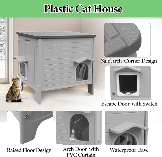 Outdoor Cat House Weatherpoof Large Plastic Cat Shelter Outside | with Escape Door Indoor Waterproof Feral/Pet Cat Houses for Multiple Cats (Grey)