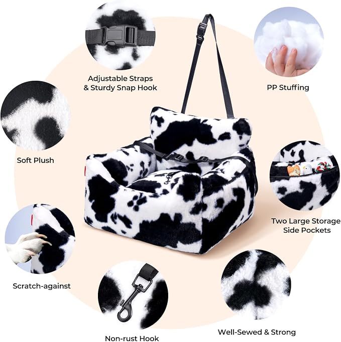 BurgeonNest Dog Car Seat for Small Dogs, Detachable and Washable Cat Carseats Under 25 lbs, Soft Pet Booster Seats with Storage Pockets and Clip-On Leash Portable Car Travel Carrier Bed, Milk Cow