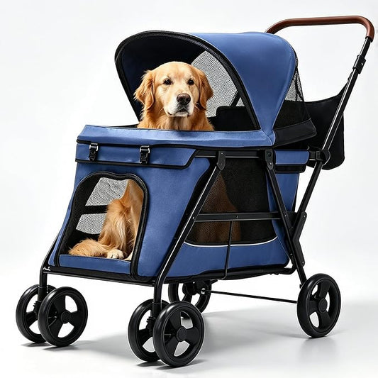 Dog Stroller for Large & Medium Dogs, Foldable Pet Stroller for 2 Small Dogs Up to 66lbs, with All-Terrain Wheels, Breathable Mesh Ventilation & Storage Pocket (Blue)