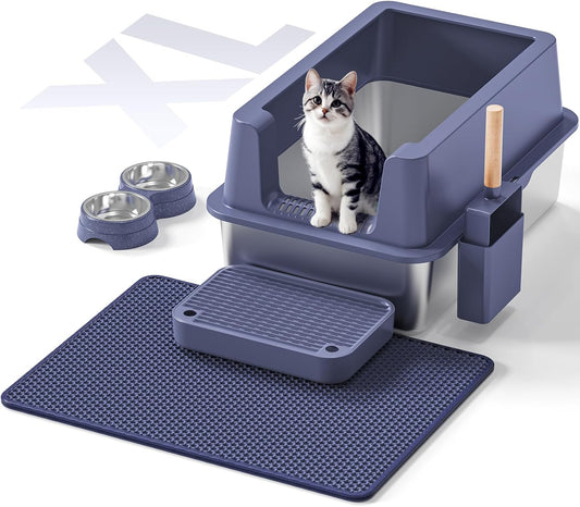 Stainless Steel Cat Litter Box - Enclosed XL Metal Kitty Litter Box with Lid for Big Cats, High Sided, Anti-Leakage, Easy Cleaning, Non-Sticky, Included Litter Mat, Cat Bowl & Spoon