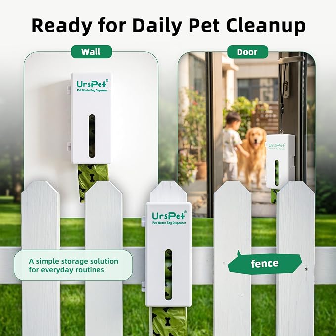 URSPET Dog Poop Bag Dispenser with 4 Rolls, Wall Mount Pet Waste Holder | Stick-On or Screw-On, Viewing Window, Easy Bag Pull, Flip-Top Refill, 60 Bags Included, Indoor and Outdoor Use