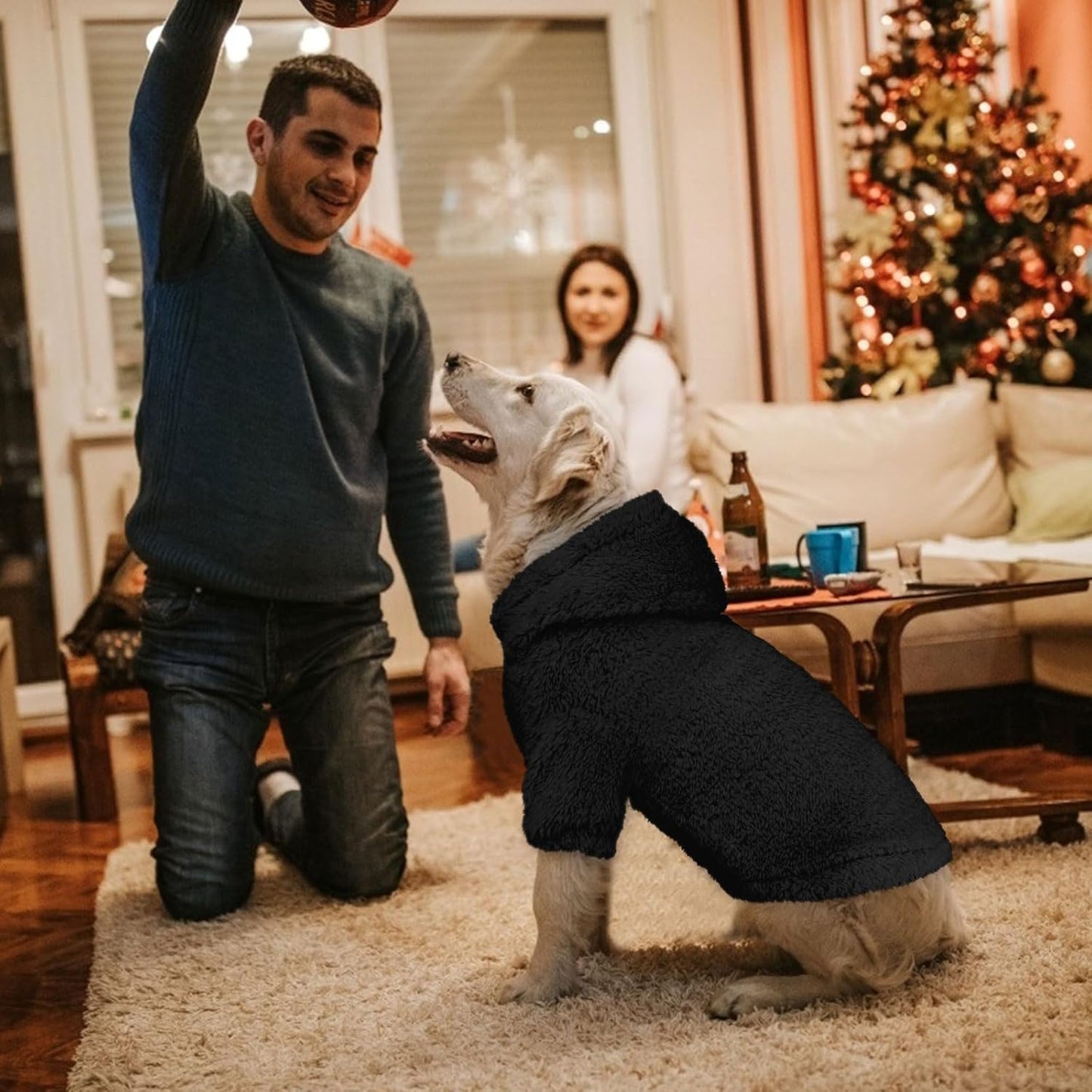 Fuzzy Dog Sweaters for Large Dogs Pet Hoodie Clothes Warm Soft Pet Coats Hooded Sweatshirt Dog Sweaters for Extra Large Dogs(Black-XXL)