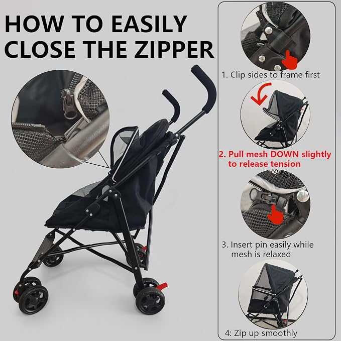 Pet Stroller with Mesh Ventilation, Lightweight Foldable Design, Cup Holder, Black
