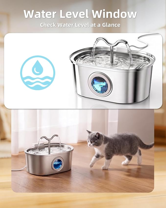 Cat Water Fountain Stainless Steel, 108oz/3.2L Pet Water Fountain for Cats Indoor, with Dual Spouts for Multiple Cats, Ultra-Quiet Automatic Dog Water Dispenser, 3 Pack Filters Included