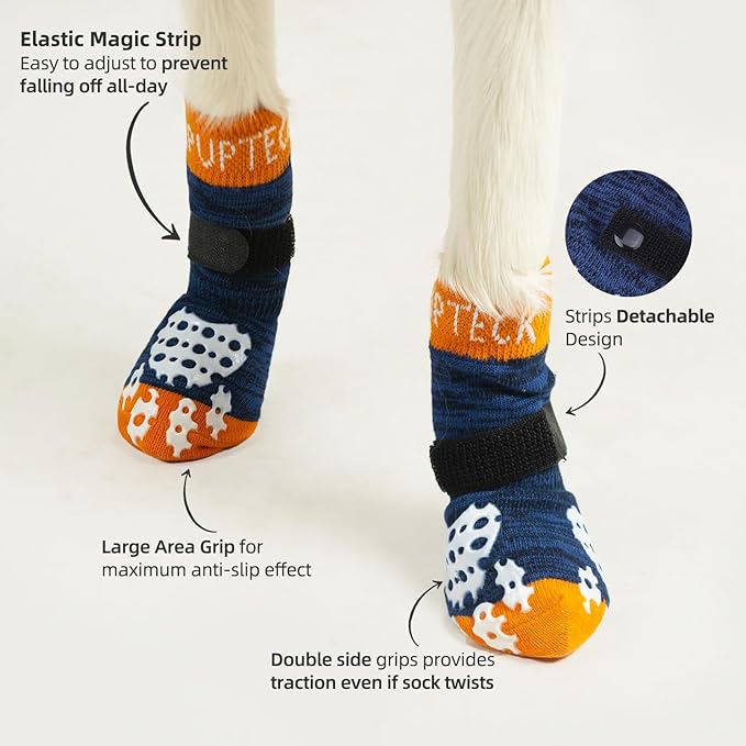 PUPTECK Anti-Slip Dog Socks with Double Sides Grips for Small Medium Large Dogs Hardwood Floors Prevents Licking, Dog Shoes for Hot Pavement Traction Control for Senior Dogs, Dark Blue, L