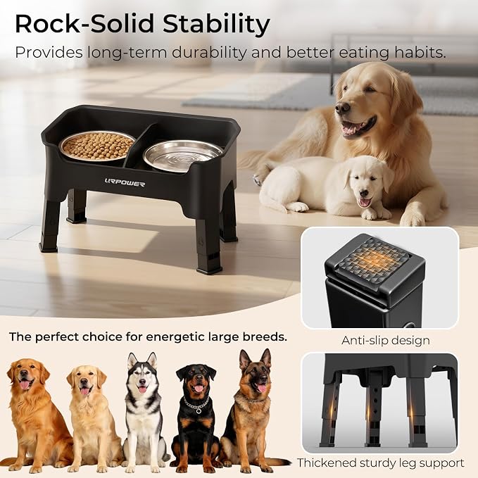 URPOWER Mess Proof Elevated Dog Bowls, Splash Guard Raised Bowl Stand | 4 Adjustable Heights, 2 Stainless Steel Bowls, Food & Water Separation, Foldable Design Non-Slip for Small Medium Large Dogs