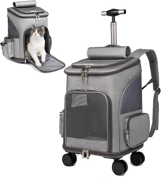 Wheeled Pet Carrier Backpack Pet Stroller, Travel Carrier, Car Seat for Small Dogs Cats Puppies, Comfort Cat Backpack Removable Rolling Wheels – Mesh Ventilation Windows (Grey)
