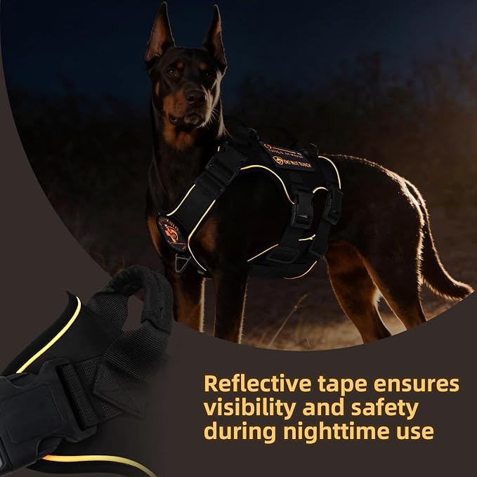 Reflective Tactical Dog Harness with AirTag Holder&3 Pet Patches, Black L | Heavy Duty No Pull Dog Harness, Adjustable Dog Harness, Two Handles, Breathable Mesh Padding, Resists Dirt and Stay Clean