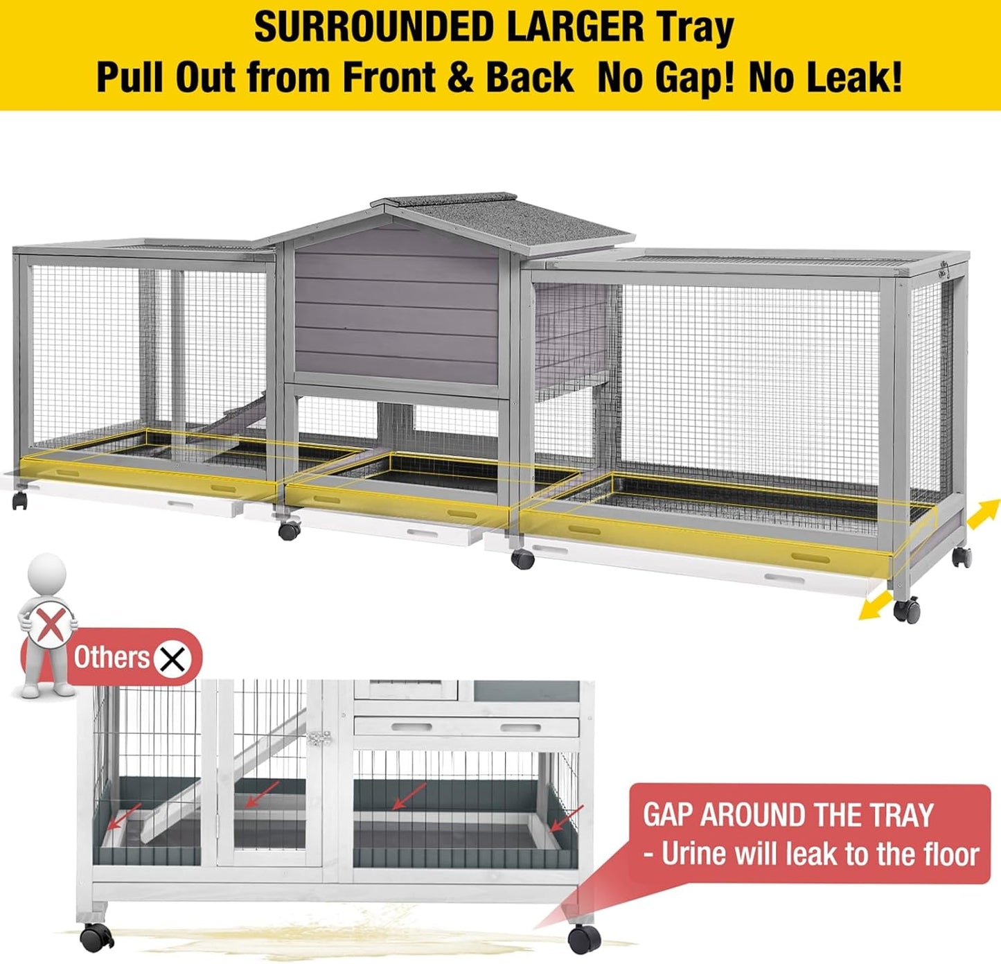 Aivituvin Rabbit Hutch Large 2-Story Bunny Cage Indoor Outdoor on Wheels Bunny House with Run,Pull-Out Tray