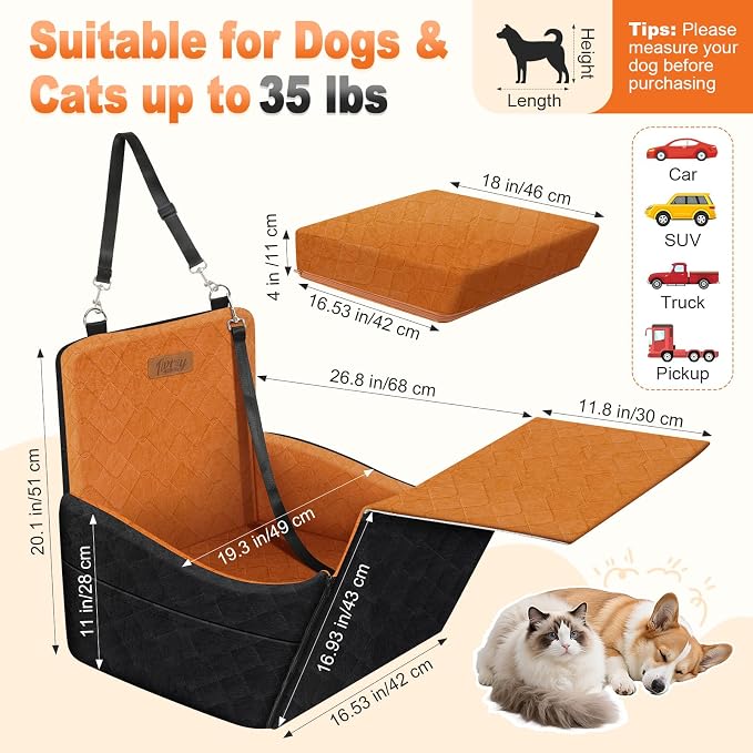 Elevated Dog Car Seat for Small and Medium Dogs Up to 35 lb | 4" High-Density Foam Dog Car Bed, 2 Storage Pockets,3 Safety belts,Fully Removable and Washable for Easy Care,Black+Brown
