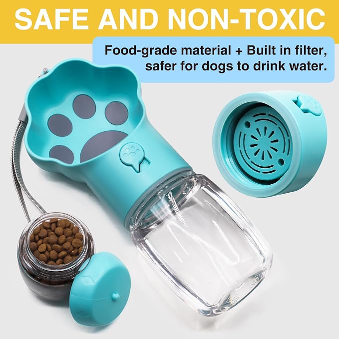 Dog Water Bottle with Food Container, Portable Pet Dispenser, Leak Proof, Hiking, Puppy Travel, Outdoor Activities(11.16 fl.oz/330ml, Blue)