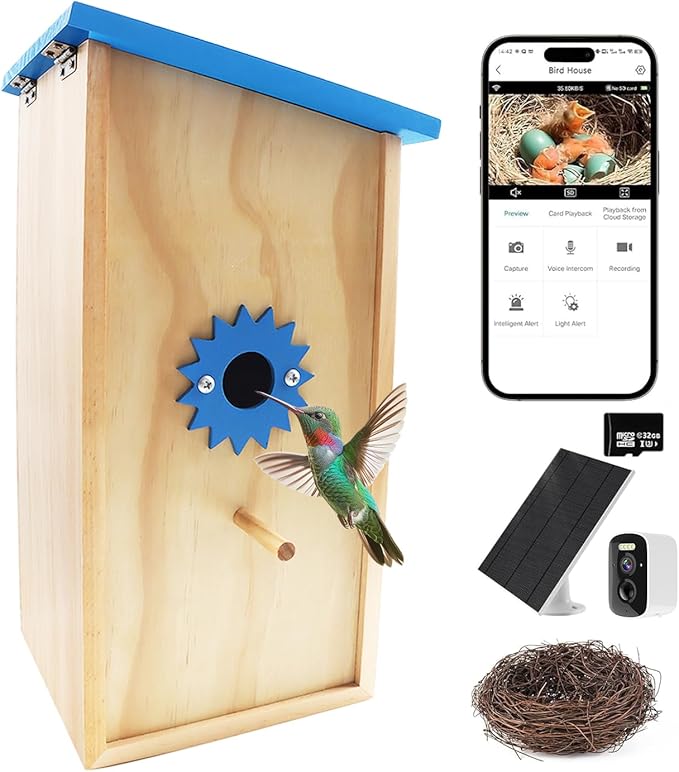 Smart Bird House with Camera Solar Powered, Birdhouse with 1080P HD Camera Wireless, Auto Capture Bird Videos & Motion Detection and App Notify, Wooden Birdhouses for Bluebirds and Sparrows
