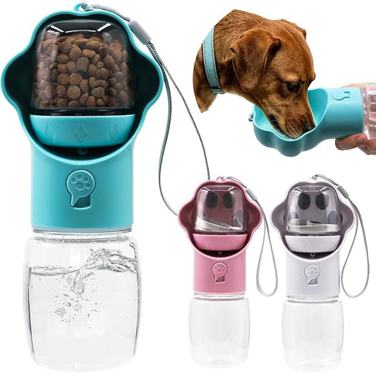 Dog Water Bottle with Food Container, Portable Pet Dispenser, Leak Proof, Hiking, Puppy Travel, Outdoor Activities(11.16 fl.oz/330ml, Blue)