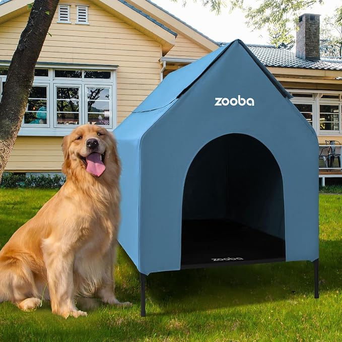 Zooba 36in Large Dog House Outdoor, Elevated Dog Bed with Canopy, Blue | Weather-resistant 600D PVC canopy, breathable 2x1 Textilene elevated bed, steel frame; indoor or outdoor; easy to clean