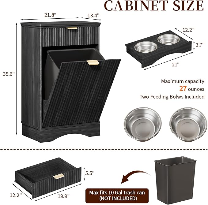 Tilt Out Trash Can Cabinet with Dog Bowl, 10 Gallons Dog Feeding Station with Storage Cabinet, Pet Feeder Cabinet with Hideaway Drawer for Kitchen, Living Room(Tilt-Out Dog Feeding Station-Black)