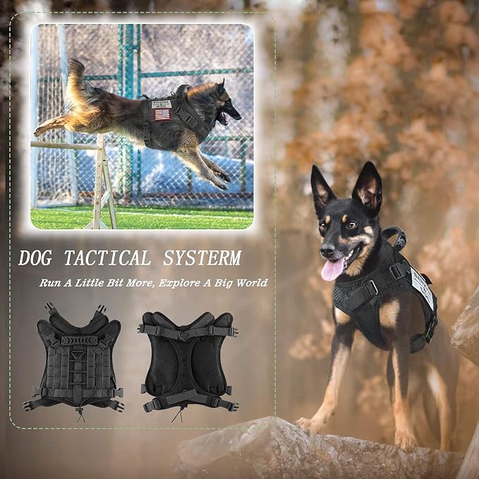 Tactical Dog Harness Vest with Pouches Training Outdoor Military K9 Harness Tactical Vest Detachable Medicine & Water Bags, 3 Patches