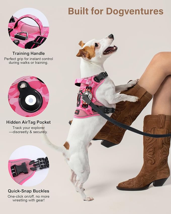 Petnanny Tactical Dog Harness No Pull Service Dog Vest S Pink Camo | Tactical Dog Vest with breathable mesh & hook loop panel, no pull harness for walking training, adjustable fit