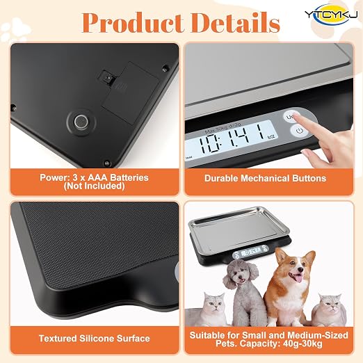 Digital Pet Scale for Accurate Weighing & Baby Scale Kitten Scale | High-Precision Puppy Scales, Dog Cat Scale | 30kg/66lb Capacity, 2g Accuracy, Non-Slip Mat, Tare & Hold Function