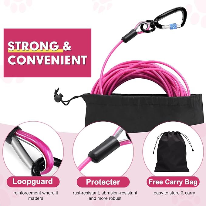 Snagle Paw Heavy Duty Long Dog Leads for Yard 150FT-1000LBS Break Strength,Dog Tie Out Cable with Swivel Lockable Hook & Spring,Chew Proof Dog Chain for Outside,Dog Run Cable for Medium Large Dogs