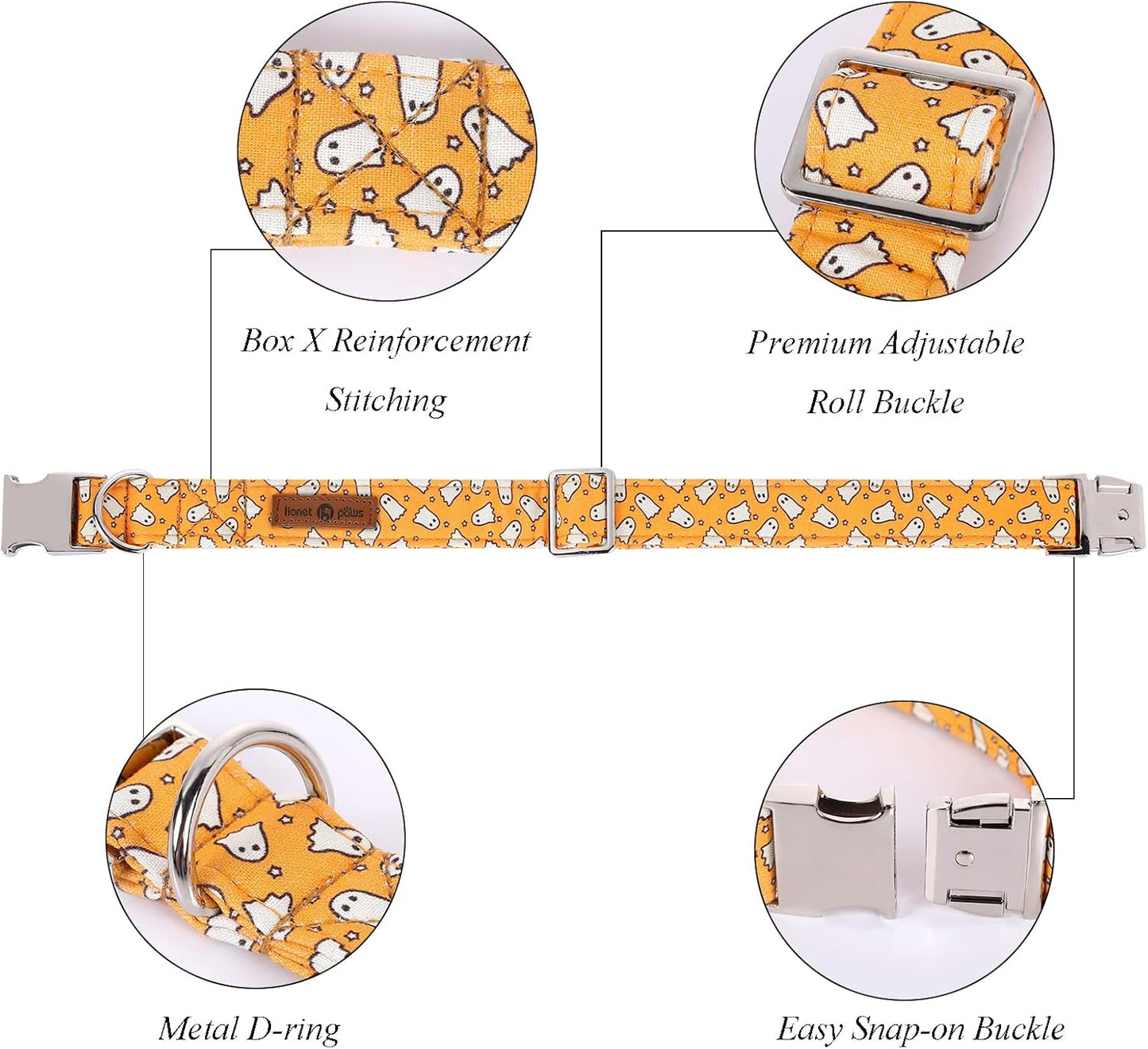 Lionet Paws Halloween Dog Collar with Bowtie - Cute Cotton Adjustable Fall Bowtie Dog Collar with Metal Buckle for Small Medium Large Dog Girl Boy Gift, XL, Neck 16-26in