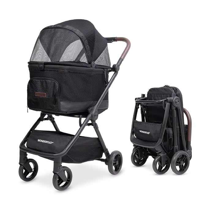 WonderFold Bella Pet Stroller - Autofold Design with Lightweight Aluminum Frame, Breathable Carriage Fabrics and Canopy, Safety Tethers & Easy-Clean Interior - Graphite Black
