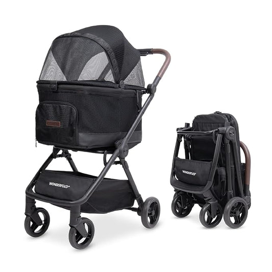 WonderFold Bella Pet Stroller - Autofold Design with Lightweight Aluminum Frame, Breathable Carriage Fabrics and Canopy, Safety Tethers & Easy-Clean Interior - Graphite Black