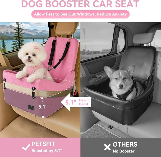 PETSFIT Cat Car Seat with Patented Safety System, 5" Elevated Pad, Pink | Fully Detachable Washable Cover, Memory Foam Dog Booster Seat for Small/Medium Dogs Up to 35 Lbs with 2 Storage Pockets