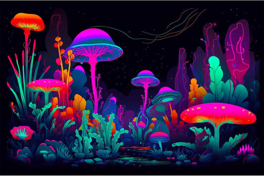 Mushrooms Aquarium Background Mushrooms in Dark Forest with Bright Colors Terrarium Background Tranquil Lake Cartoon Style Aquatic Plants Fish Tank Backdrop Poster Decorations Wallpaper Decor 30x18in