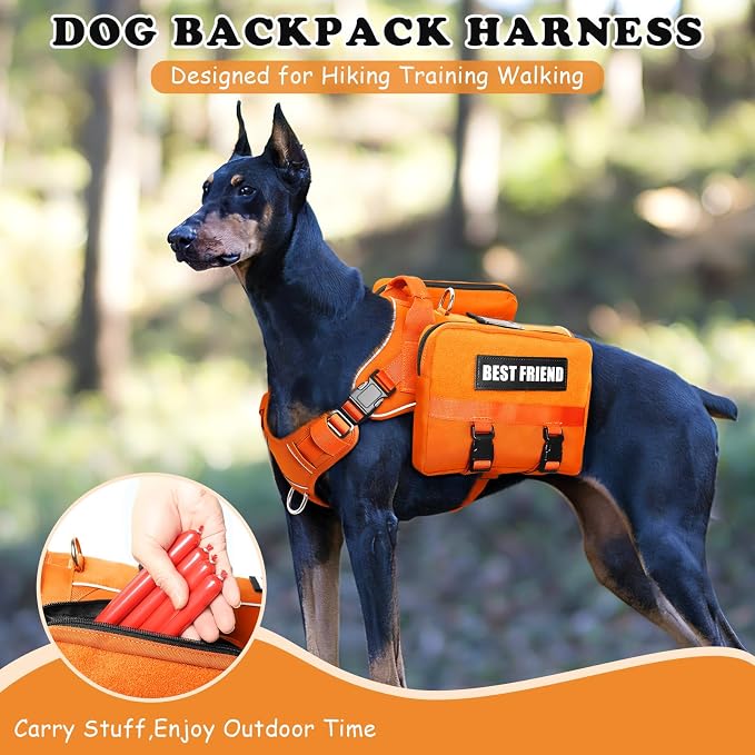 Dog Backpack Harness and Leash Set for Large Dogs Orange XL | Removable Side Pockets Dog Vest with Padded Handle&MOLLE,No Pull Front&Back Metal Clips for Hiking Training Walking Hunting