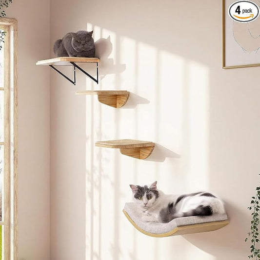 Cat Wall Shelves and Cats Window Perch – Natural Wood 4-Piece Set with Foam-Padded Curved Bed and Felt Steps, Space-Saving Wall Mounted Design