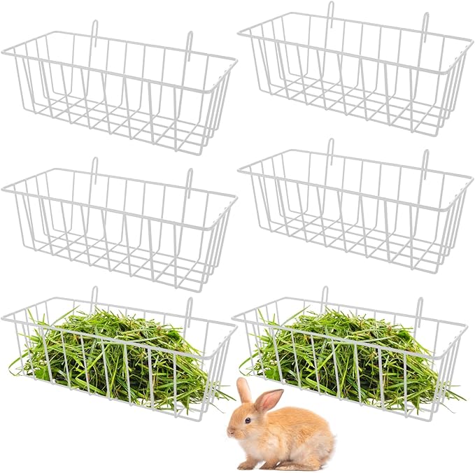 6PCS Heavy Duty Metal Rabbit Hay Feeder Rack with Hooks, 9x4x3 Inch Cage Hanging Holder for Bunnies and Guinea Pigs (White)