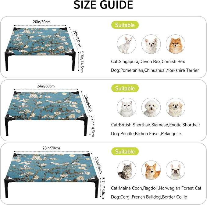 Outdoor Elevated Dog Bed for Small Dogs, Flowers Branches Breathable Cooling Raised Dog Cot for Indoor/Outdoor, Farmhouse Turquoise Sky Moon Tree Waterproof Elevated Pet Beds, S 20 x 20 in
