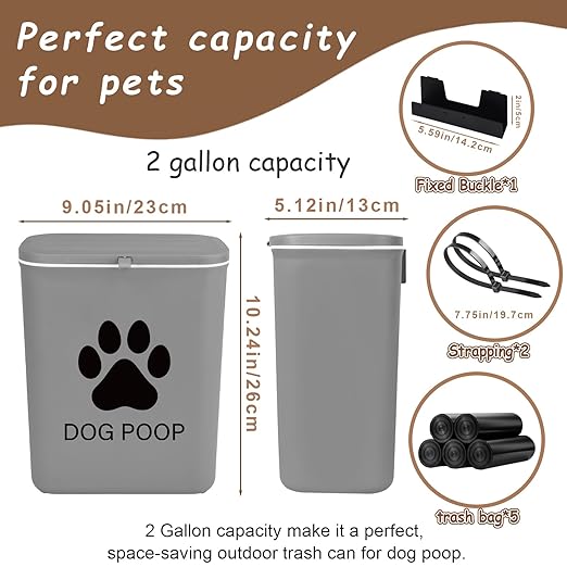 Dog Poop Trash Can Outside Hanging, 2 Gallon Wall Mount Dog Poop Trash Can | with Trash Bag Dispenser, Small Pet Waste Bin with Lid, Hanging Pet Waste Disposal Container for Fence, Garbage, Outdoors