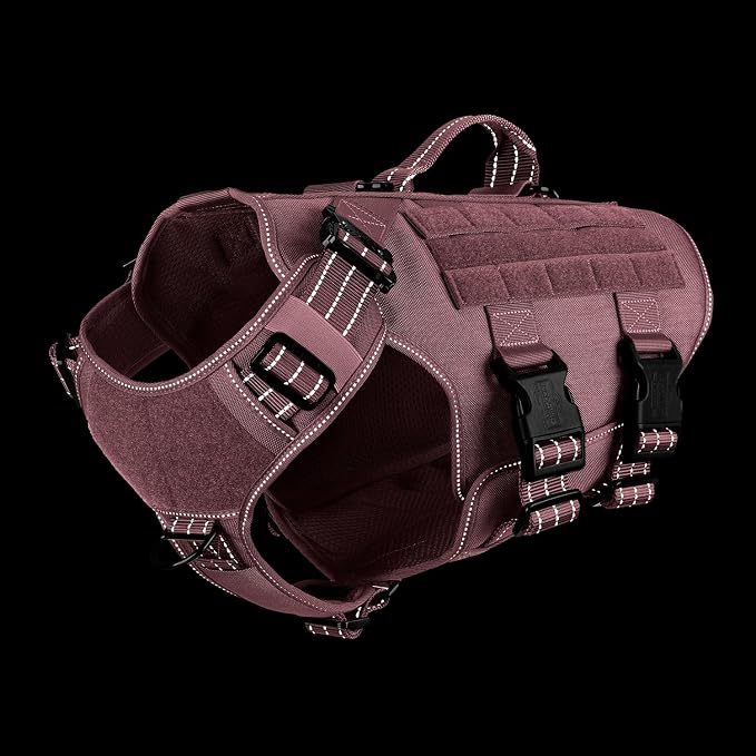 ICEFANG No Pull Tactical Dog Harness for X-Large Dogs,Adjustable Dog Vest | Control Handle,MOLLE Panel,Front Hook,3 Leash Clips,Soft Padded,for walking training,Pink,X-Large