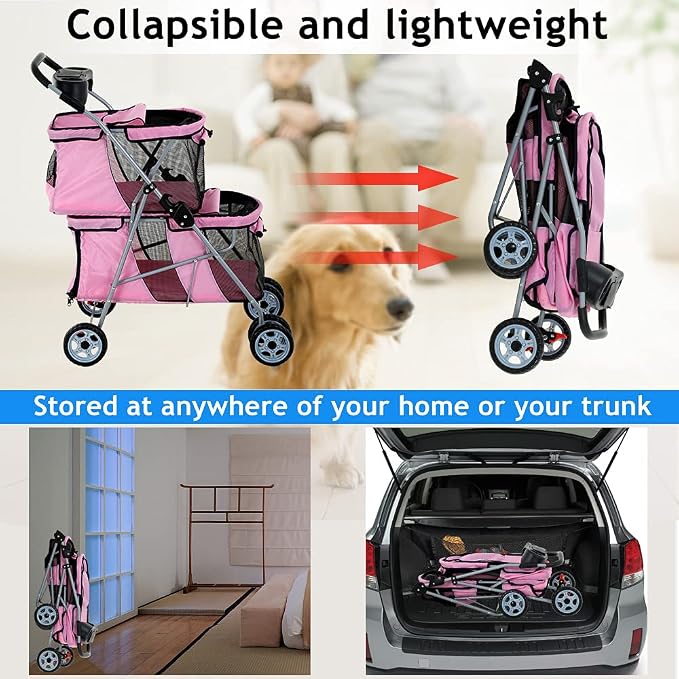 Double Pet Stroller for Small Medium Dogs, 4 Wheels Folding Travel Carrier Cage with Cup Holder for 2 Doggie Puppy Or Two Kitty, Pink