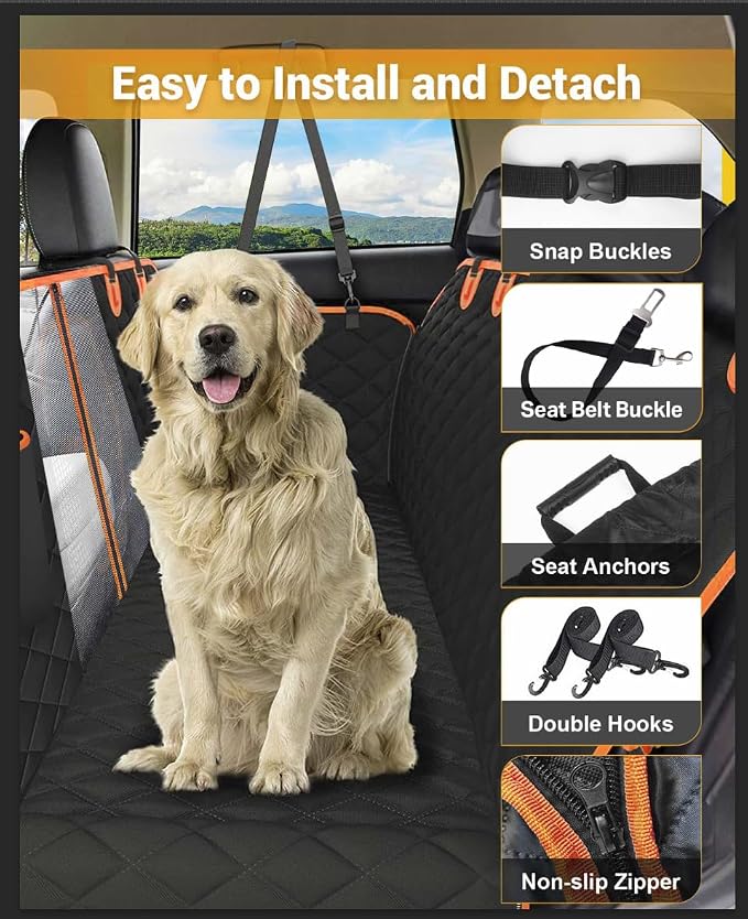 Dog Car Seat Cover, 600D Heavy Dute Car Seat Cover for Dogs Pets, 100% Waterproof Anti-Scratch Nonslip Dog Hammock for Cars, Seat Covers Protector with SeatBelt for Sedan SUV Truck Standard Oran&Black