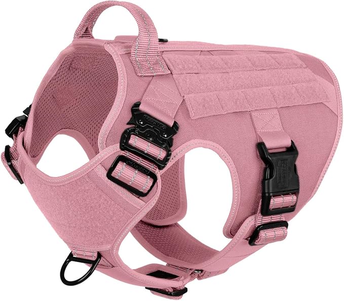 ICEFANG Tactical Dog Harness,for X-Large Dogs,Reflective No Pull Dog Vest | with Control Handle, Adjustable,Front Hook,2 Leash Clips,No Choke,Soft Padded,MOLLE Panel,Pink,X-Large