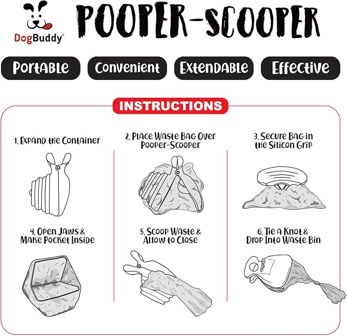 DogBuddy Pooper Scooper, Portable Dog Pooper Scooper, Poop Scooper for Small and Large Dogs, Pooper Scooper with Bag Attachment, Leash Clip and Dog Waste Bags Included (Large, Taupe)