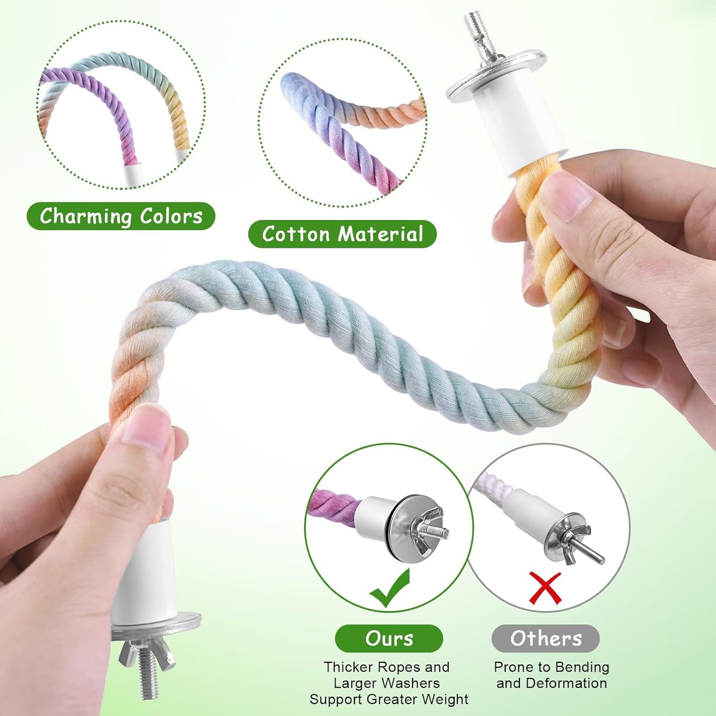 3 Pcs Bird Rope Perches Gradient Color, Bendable Parrot Bird Perch Rope Stand for Cage, Stand Climbing Stand Toy for Cockatiels, Lovebirds, Budgies, Parakeets (2 Short + 1 Long)