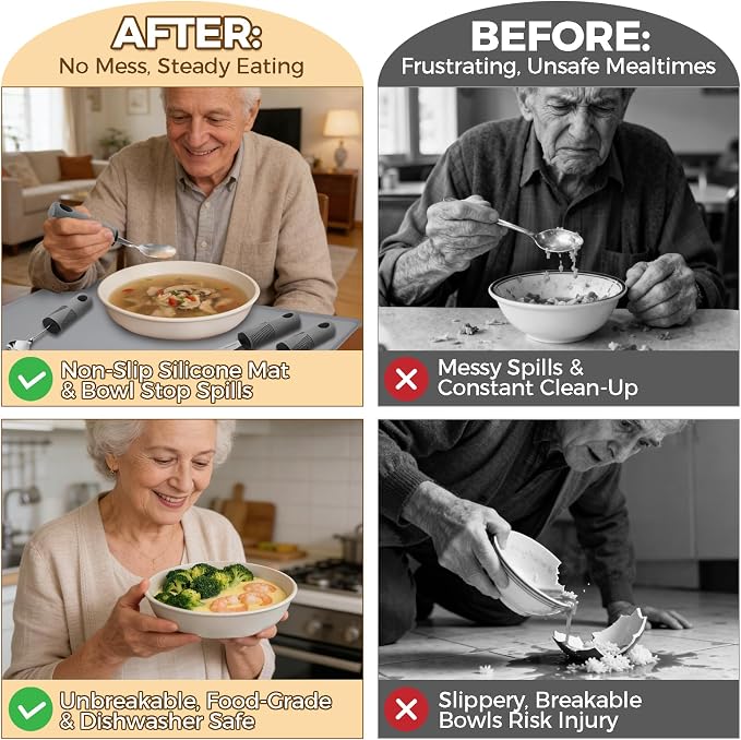 9 Pcs Bendable Adaptive Utensils Set for Parkinson's Arthritis Elderly | Built Up Handle, Stabilizing Tremor, Non-Slip Lightweight Grip, for Weak Grip & Stroke, Independent Dining, BPA-Free