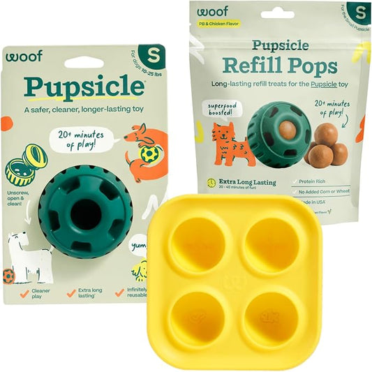 WOOF Starter Pack Dog Treat Toy for Small Dogs 10-25 lbs | Long-lasting enrichment kit, Pupsicle toy included, reusable treat mold, chicken Pops, DIY frozen treats