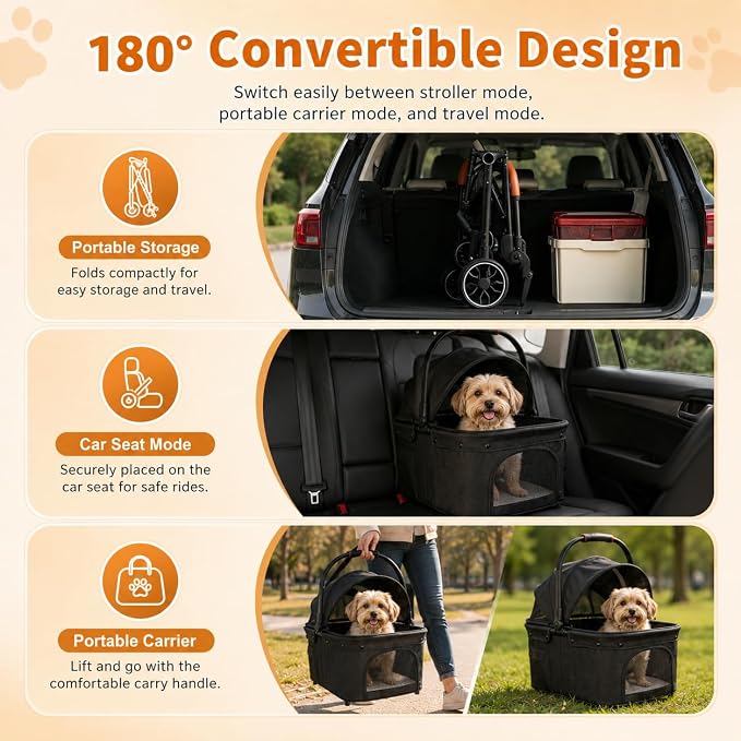 Pet Stroller for Small Dogs and Cats, Detachable Dog Cat Stroller with All-Terrain Shock Absorbing Wheels, One-Click Foldable Design, Adjustable Canopy (Gray)