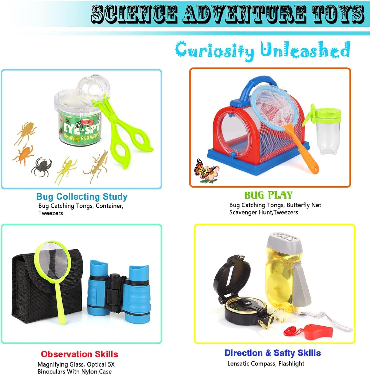 ESSENSON Outdoor Explorer Kit & Bug Catcher Kit with Binoculars, Compass, Magnifying Glass, Critter Case and Butterfly Net Great Toys Kids Gift for Boys & Girls Age 3-12 Year Old Camping Hiking