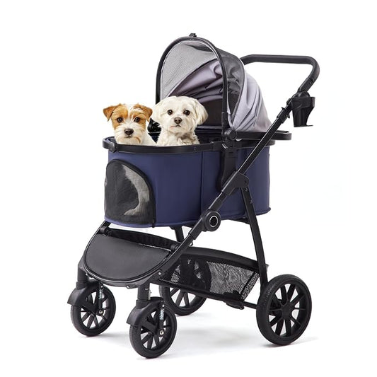 3-in-1 Pet Stroller for Medium Dogs & Cats, Detachable Aluminum Frame Carrier, All-Terrain 4-Wheel Dog Travel Carriage, Shock Absorption, Easy-Entry Low Door, Max 55lbs - Blue Grey