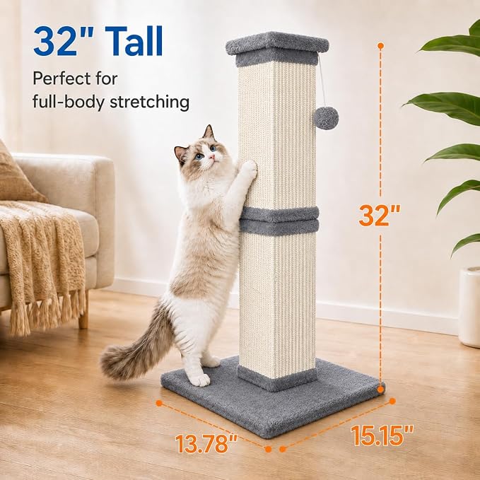 Vertical Cat Scratching Post for Indoor Cats, Sisal Scratch Tower with Soft Plush Base & Ball, 32'' Tall Cat Scratcher Column for Kittens and Adult Cats, Furniture Protection, Light Grey