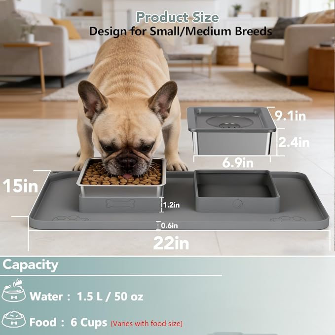 Dog Bowl Set, No Spill Dog Water and Food Bowl with Silicone Mat | Large Capacity 304 Stainless Steel Bowls, 2-In-1 Set, Slow Drinking, Anti-Slip Silicone Feeding Mat, Home/Travel, 6-7 Cups