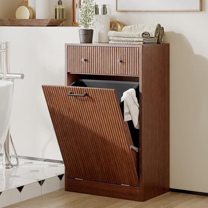 10-Gallon Single Tilt Out Trash Can Cabinet with Drawer,Kitchen Trash Can Cabinet Garbage Recycling Cabinet Wooden Dog-Proof Trash Cabinet for Dining Room and Kitchen,Laundry Room