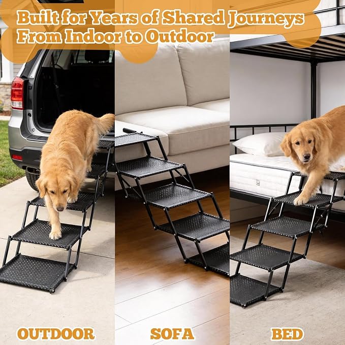 Dog Stairs for Car, Foldable 5-Step Pet Stairs for Senior & Small Dogs | Non-Slip Surface, Lightweight Dog Steps for SUV, Truck, Bed, Supports 200 lbs